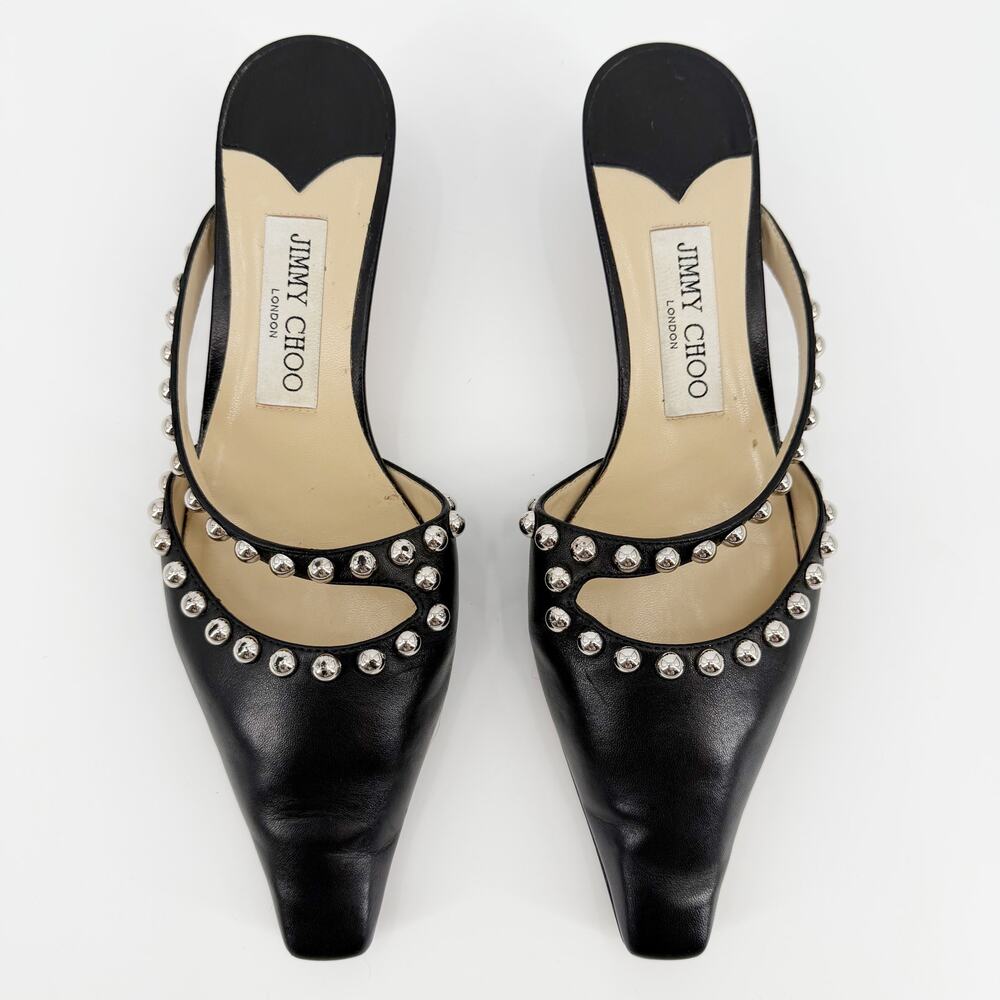 Jimmy Choo Ros Black Leather Metal Pearl Studded Kitten Heel Mules 38 Slip On